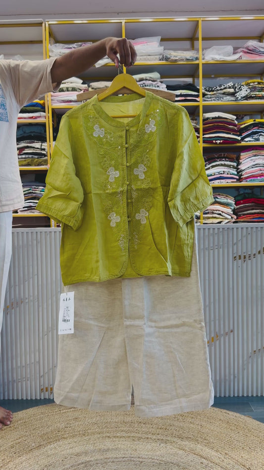 PISTA GREEN EMBROIDERY LINEN TOP  WITH LINEN PANT SET