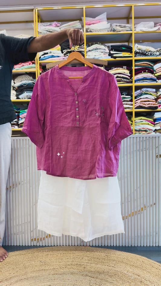 ONION PINK  LINEN EMBROIDERY TOP  WITH LINEN COMFORTABLE PANT SET