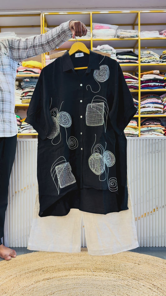BLACK EMBROIDERY TOP  WITH LINEN COMFORTABLE PANT SET