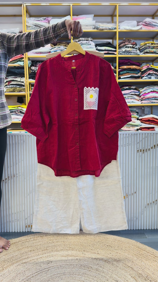 RED EMBROIDERY LINEN TOP  WITH LINEN PANT SET