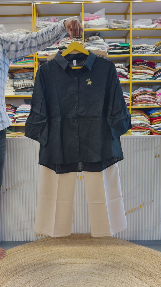 BLACK EMBROIDERY POCKET LINEN SHIRT WITH BELL BOTTOM PANT SET