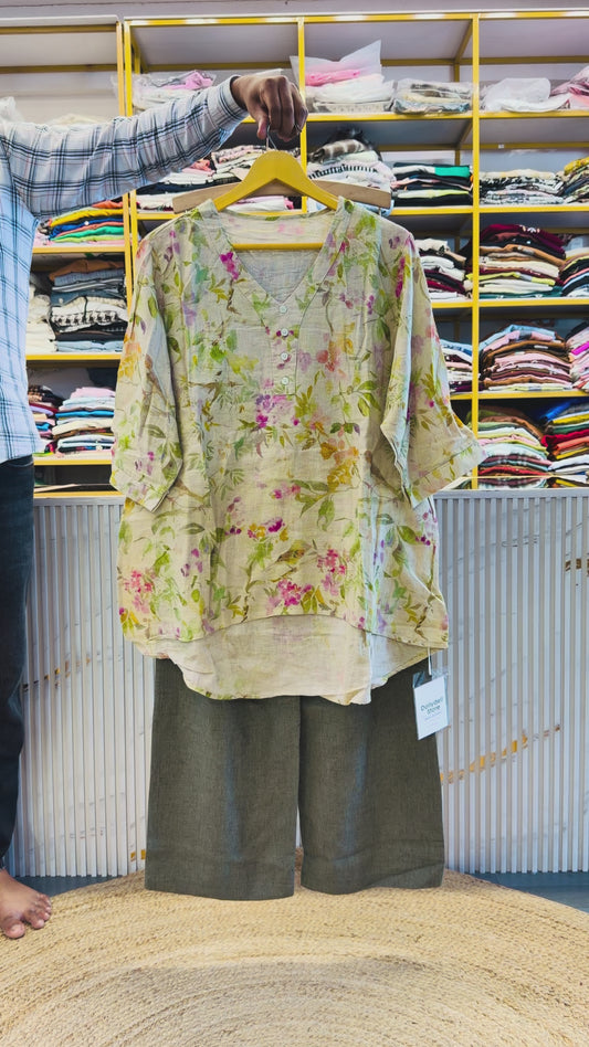 PRINT LINEN TOP WITH LINEN PANT SET