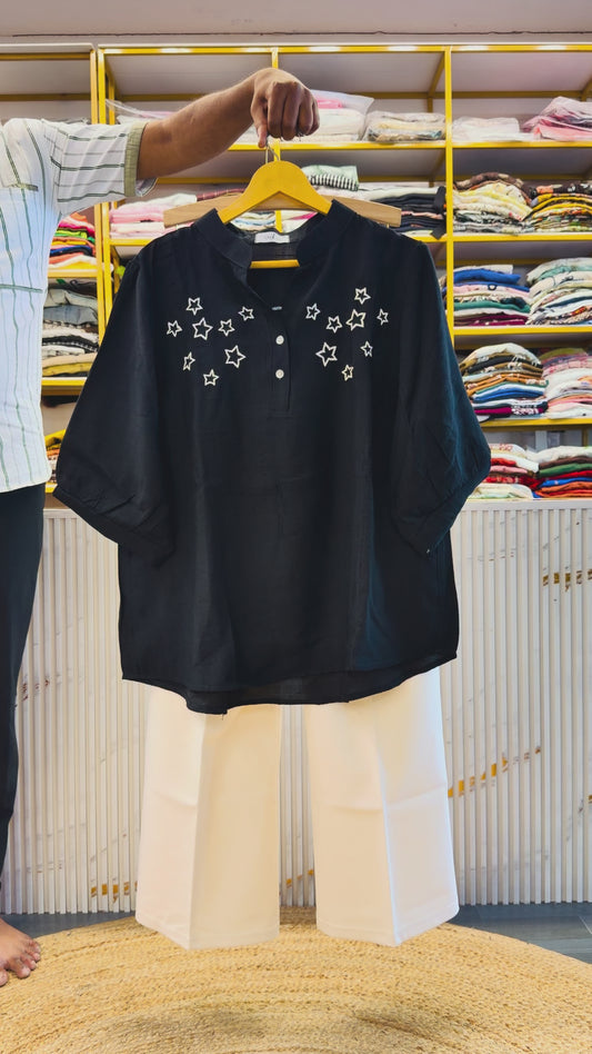 BLACK STAR EMBROIDERY TOP WITH BELL BOTTOM PANT SET
