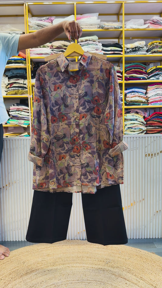 PRINTED LONG SHIRT SHIRT  WITH BELL BOTTOM PANT SET