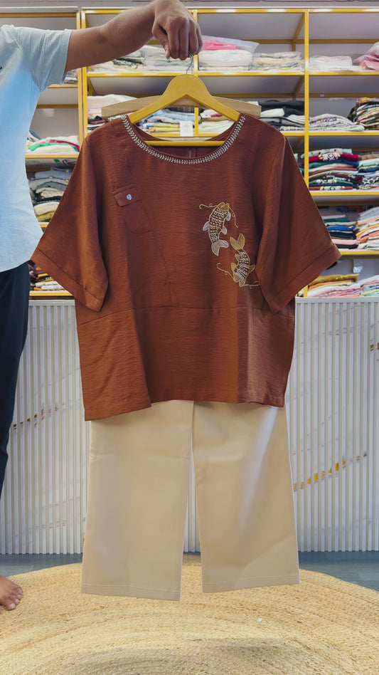 COPPER EMBROIDERY TOP WITH STRAIGHT TROUSER PANT SET