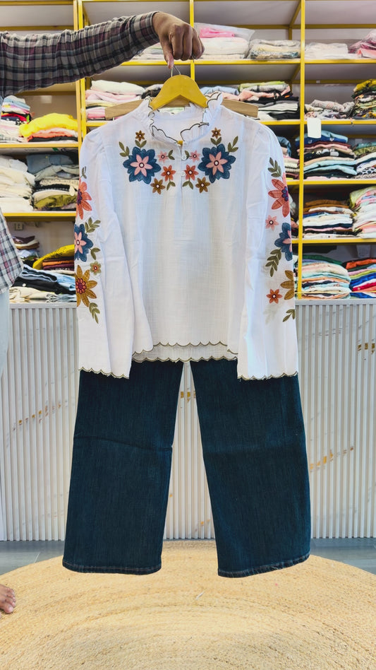 COTTOM EMBROIDERY PREMIUM TOP WITH IMPORTED SOFT DENIM PANT SET