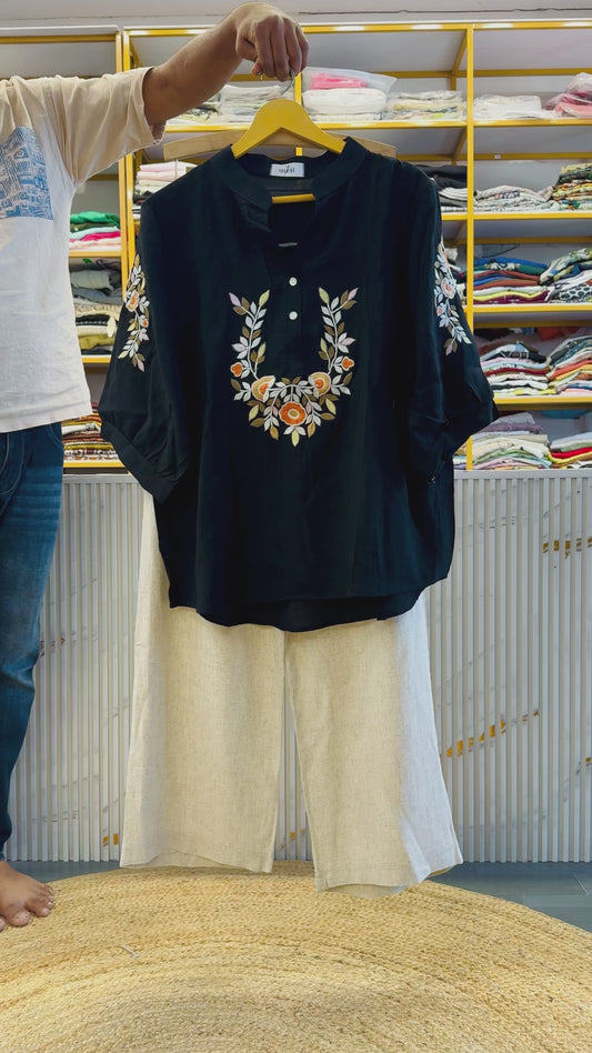 BLACK EMBROIDERY CASUAL TOP  WITH LINEN COMFORTABLE PANT SET