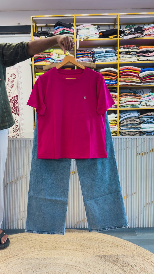 HOT PINK PLAIN PREMIUM TSHIRT WITH STRAIGHT DENIM PANT SET