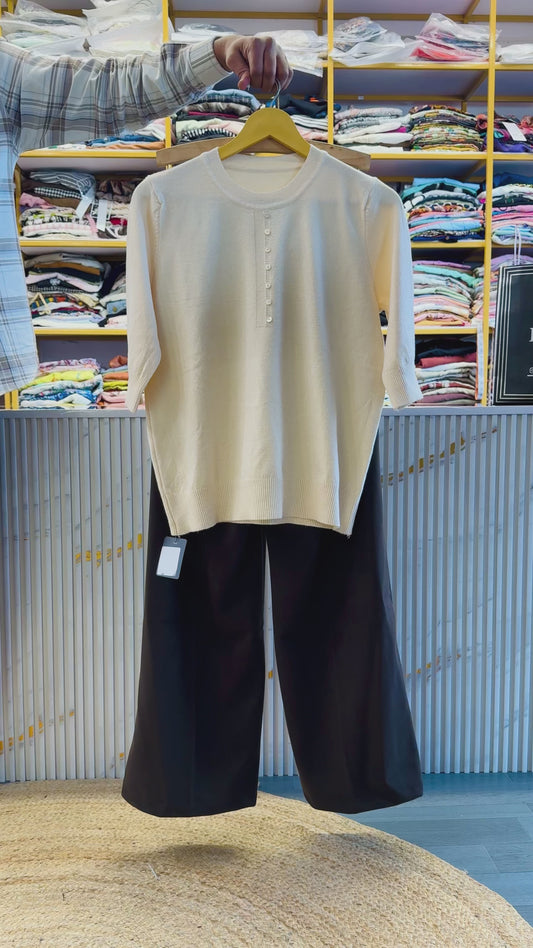 OFF WHITE SOFT KNITTING TOP WITH STRAIGHT TORUSER PANT SET