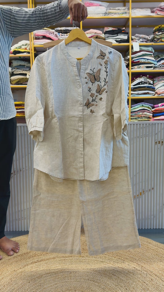 NATURAL LINEN SHADE BUTTERFLY EMBROIDERY TOP WITH LINEN COMFORTABLE PANT SET