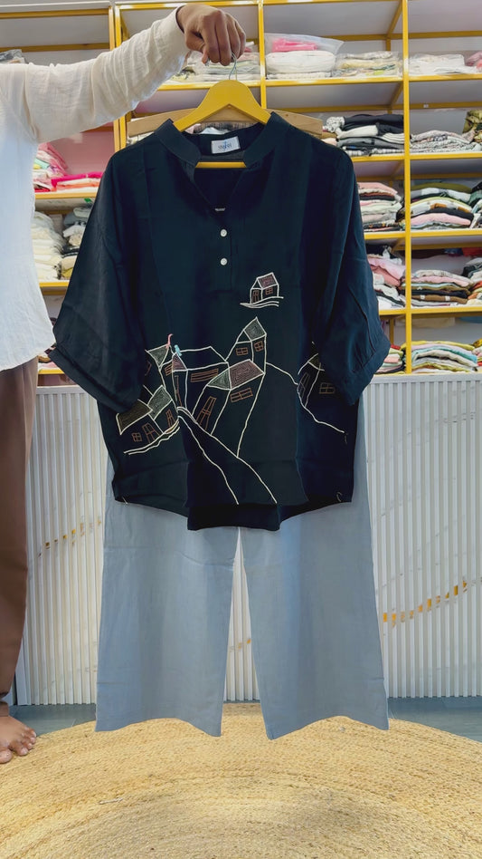BLACK  EMBROIDERY CASUAL TOP WITH LINEN PANT SET