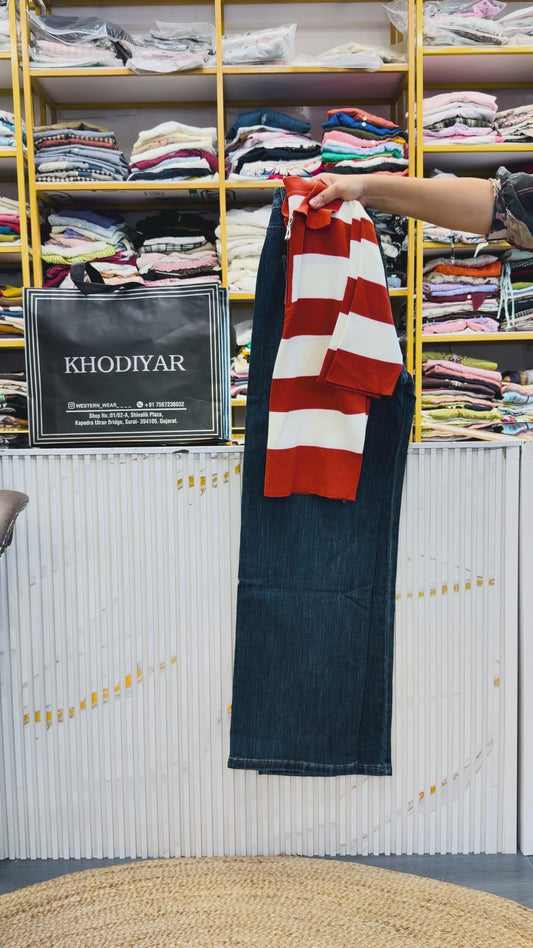 STRIPS POLO NECK ZIPPER TSHIRT WITH SOFT DENIM PANT SET