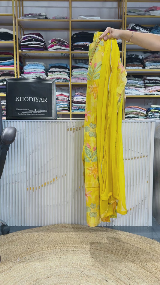 MEHNDI SPECIAL LIGHT LEMON SHADE 3 PIECE HANDWORK KURTI SET