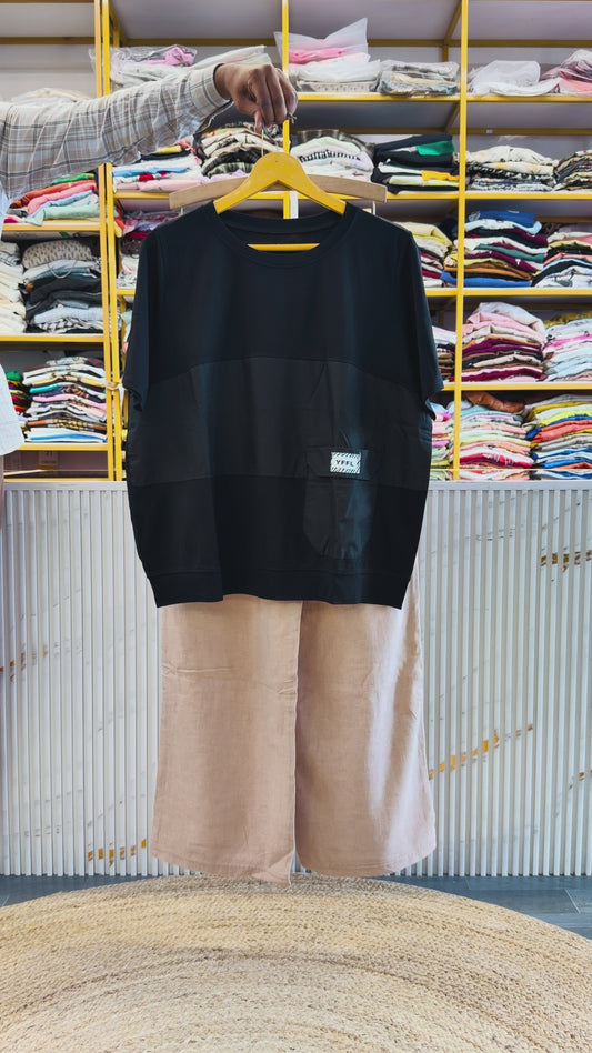 BLACK CASUAL TSHIRT WITH LINEN STRAIGHT PANT SET