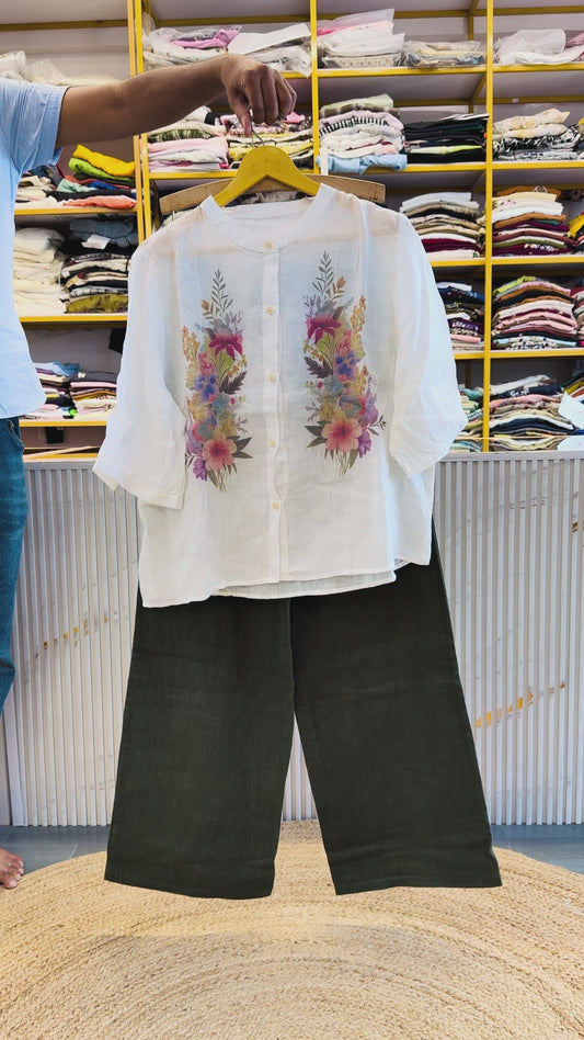 WHITE PRIN LINEN SHIRT WITH LINEN COMFORTABLE STRAIGHT PANT SET