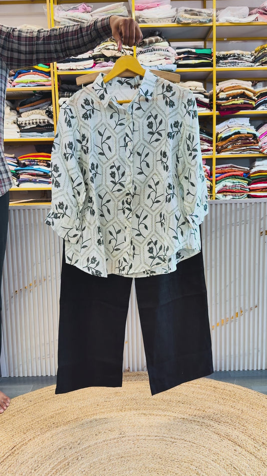PRINT LINEN SHIRT WITH LINEN STRAIGHT PANT SET