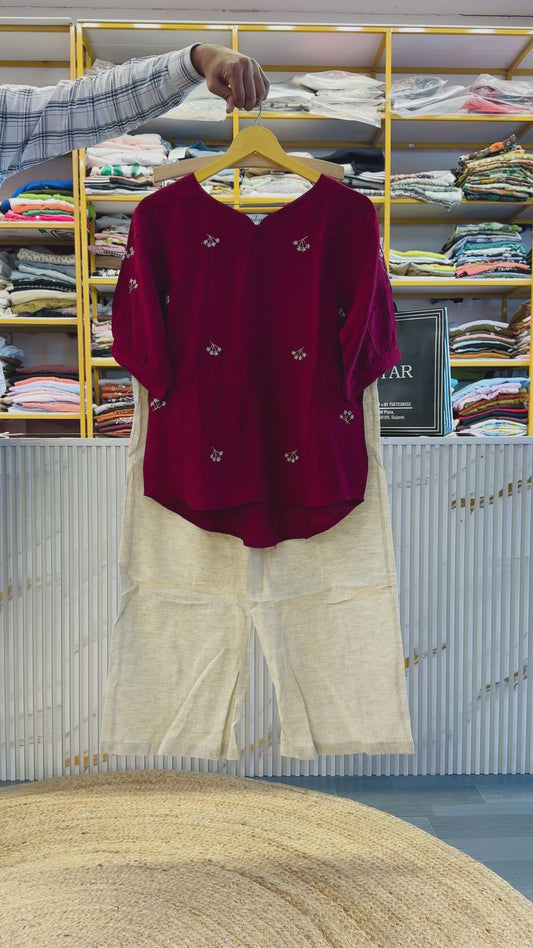 EMBROIDERY MAROON TOP WITH LINEN PANT SET