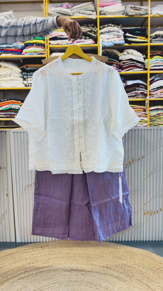 WHITE LINEN EMBROIDERY TOP  WITH LINEN COMFORTABLE PANT SET