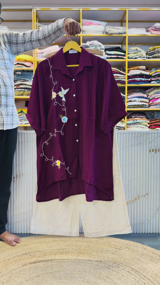 WINE  BIRD EMBROIDERY A LINE LONG TUNIC TOP  WITH LINEN PANT SET