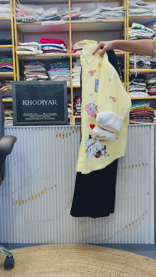 STRIPS CARTOON PRINT LONG SHIRT WITH BELL BOTTOM PANT SET