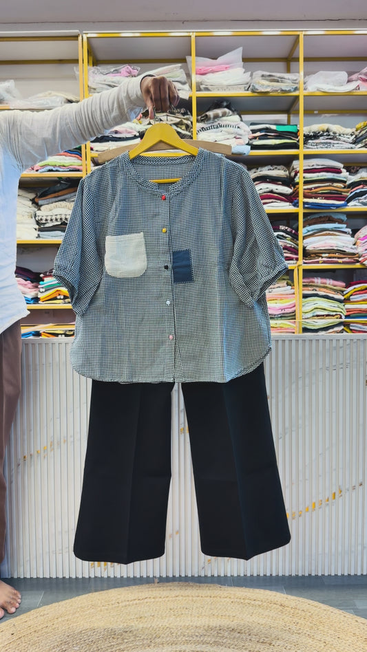 SMALL CHEX EMBROIDERY MUL COTTON TOP  WITH BELL BOTTOM TROUSER PANT SET