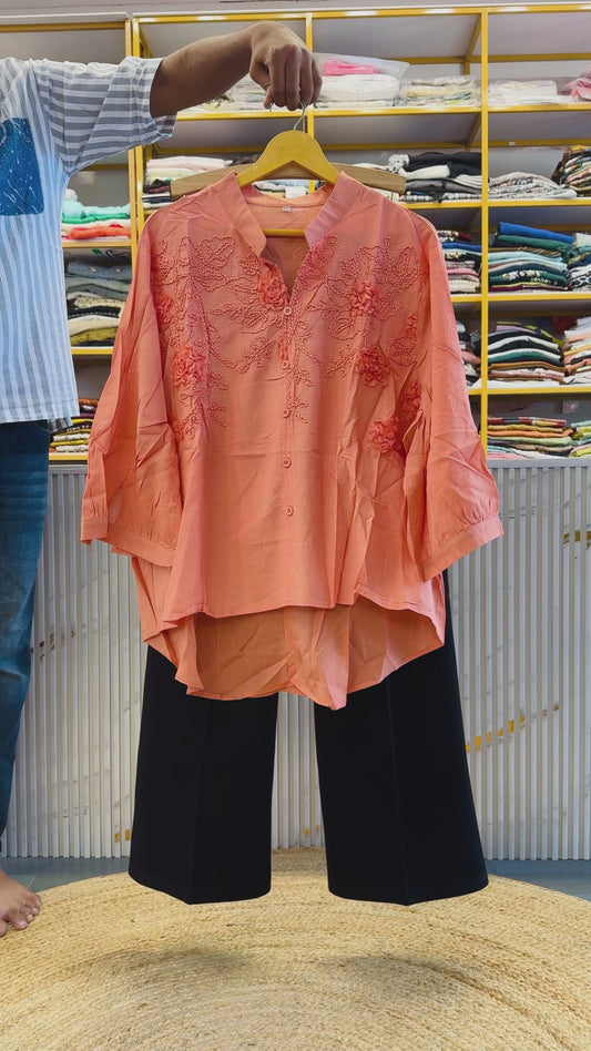 ORANGE EMBROIDERY COTTON  TOP WITH BELL BOTTOM TROUSER PANT SET