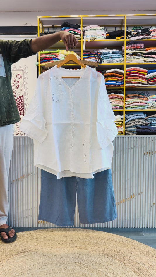 WHITE EMBROIDERY LINEN TOP  WITH LINEN PANT SET