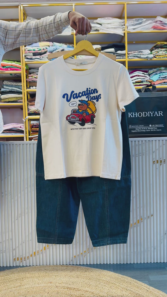 CASUAL TSHIRT WITH BAGGY 3/4th MOM FIT DENIM PANT SET