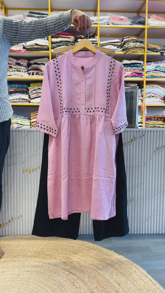PINK EMBROIDERY TUNIC LONG TOP WITH LINEN PANT SET