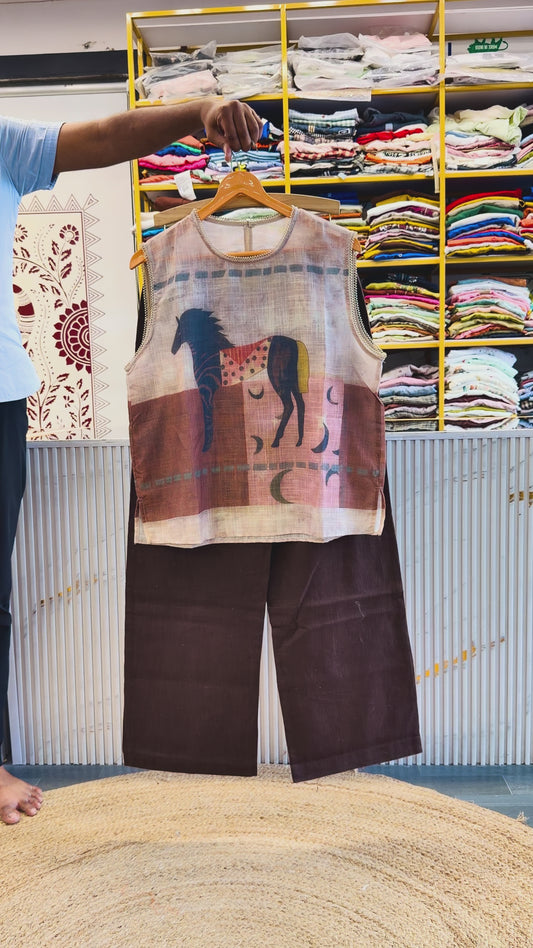 SLEEVELESS LINEN PRINT TOP WITH LINEN STRAIGHT PANT SET
