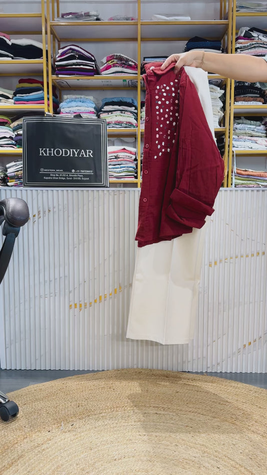MAROON EMBROIDERY MUL COTTON SHIRT WITH BELL BOTTOM TROUSER PANT SET