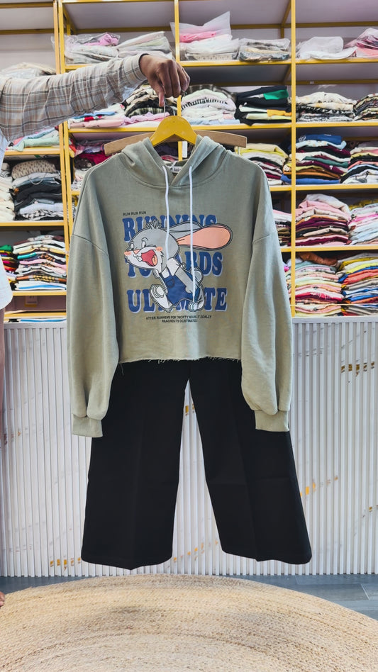 BUNNY PRINT HOODIES TSHIRT  WITH BELL BOTTOM PANT SET
