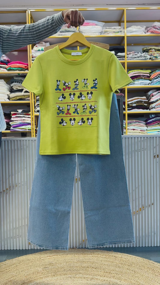 PARROT MICKEY PRINT CASUAL TSHIRT WITH STRAIGHT DENIM PANT SET