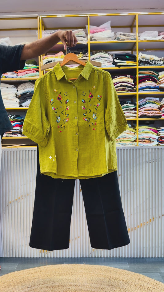 PARROT MUL COTTON EMBROIDERY SHIRT WITH BELL BOTTOM PANT SET
