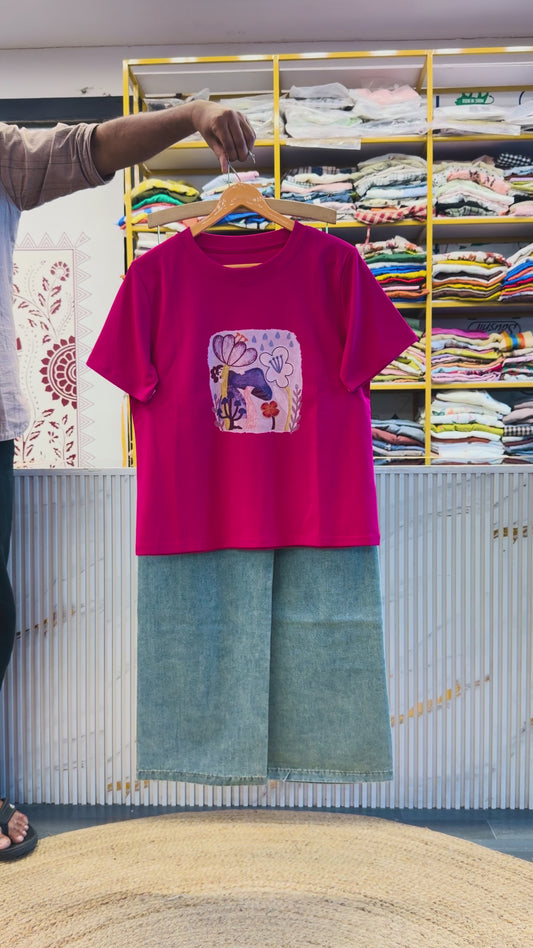 HOT PINK PLAIN TSHIRT WITH IMPORTED ELASTIC SOFT DENIM PANT SET
