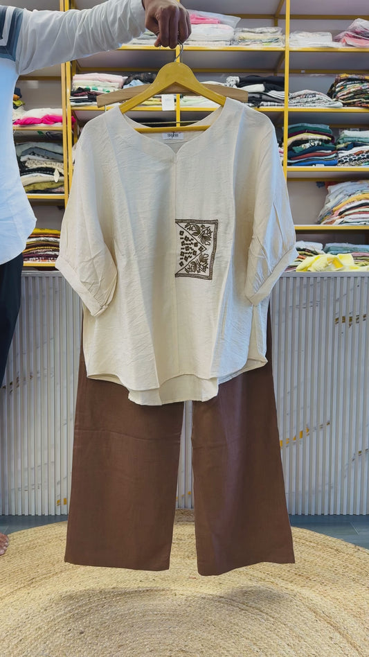 OFF WHITE  EMBROIDERY CASUAL TOP WITH LINEN PANT SET