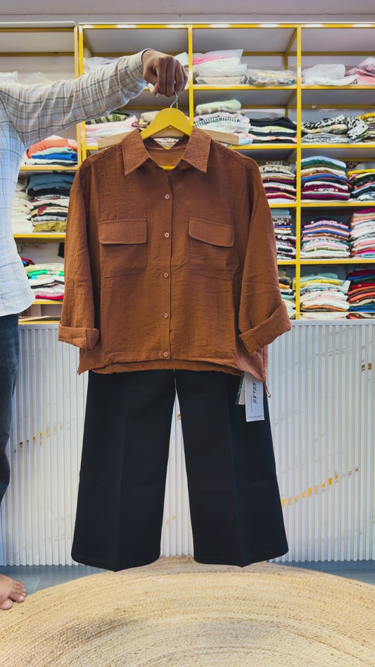 RUST DOUBLE POCKET  SHIRT WITH BELL BOTTOM PANT SET