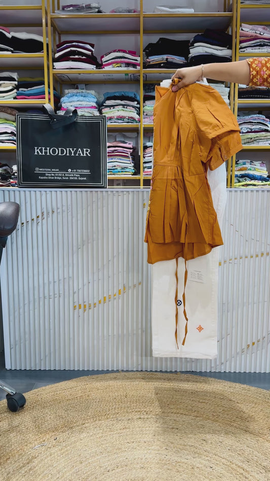 RUST ORANGE TOP WITH LV EMBROIDERY STRAIGHT DENIM PANT SET