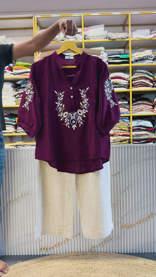 WINE EMBROIDERY CASUAL TOP WITH LINEN PANT SET l
