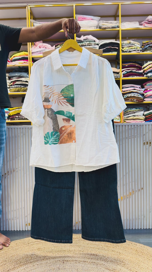 WHITE PRINT MUL COTTON SHIRT WITH DENIM WHITE STRAIGHT PANT SET