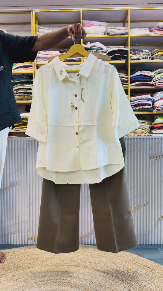 OFF WHITE EMBROIDERY MULL COTTON SHIRT WITH BELL BOTTOM PANT SET