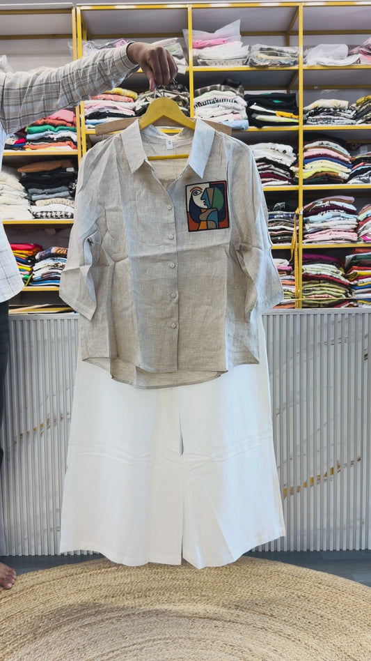NATURAL SHADE LINEN POCKET DESIGN SHIRT WITH LINEN PANT SET