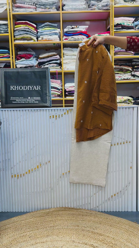 RUST  EMBROIDERY CASUAL TOP WITH LINEN PANT SET