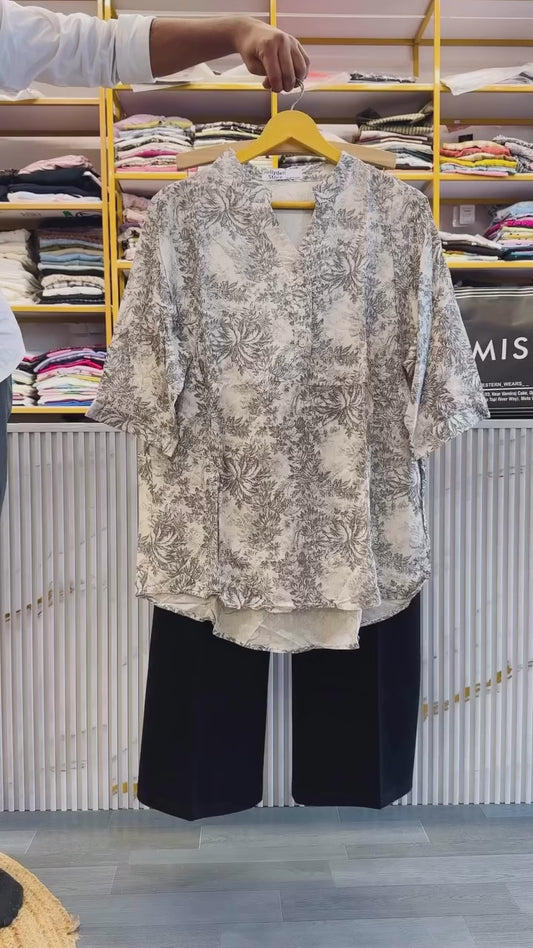 COTTON PRINT EMBROIDERY TUNIC TOP WITH BELL BOTTOM PANT SET