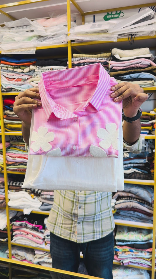 PINK STRIPS EMBROIDERY SHIRT WITH STRAIGHT LINEN PANT SET