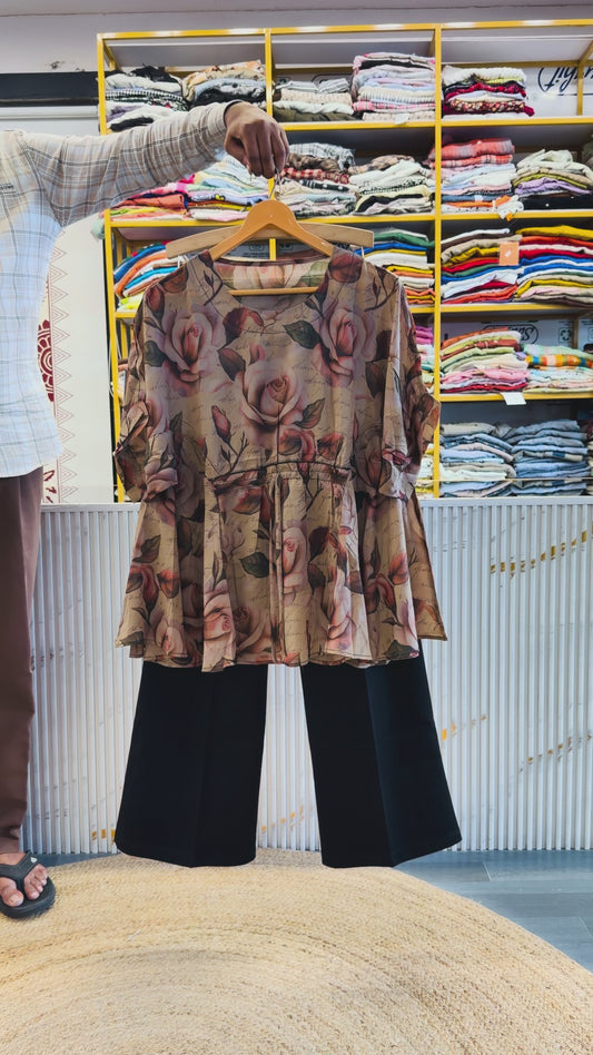 CHIFFON PRINT KNOT PATTERN TOP WITH BELL BOTTOM PANT SET