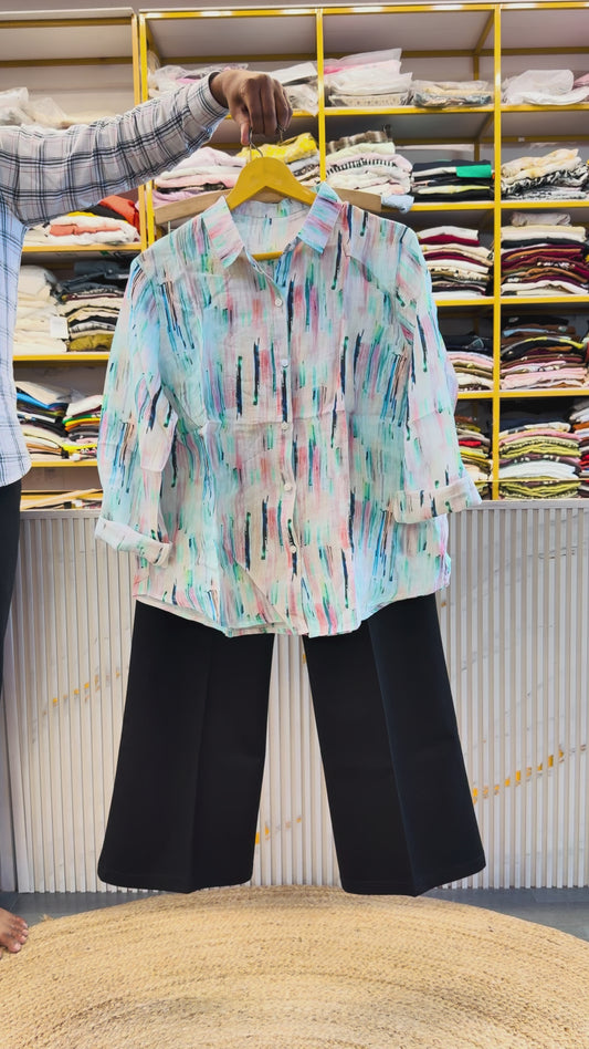 PRINT LINEN SHIRT  WITH BELL BOTTOM TROUSER PANT SET