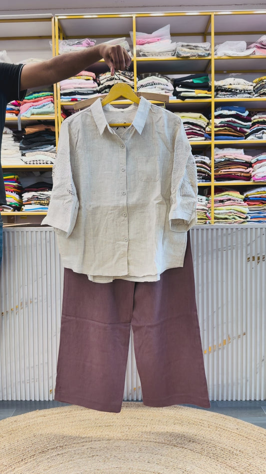 NATURAL CUTWORK  LINEN TOP WITH LINEN COMFORTABLE PANT SET