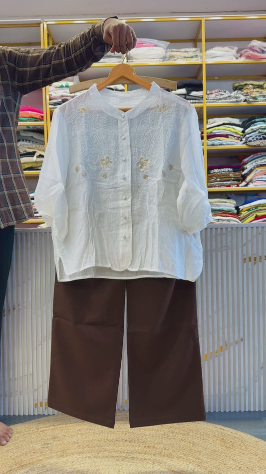 OFF WHITE LINEN EMBROIDERY SHIRT TOP WITH STRAIGHT STRETCHABLE TROUSER PANT SET