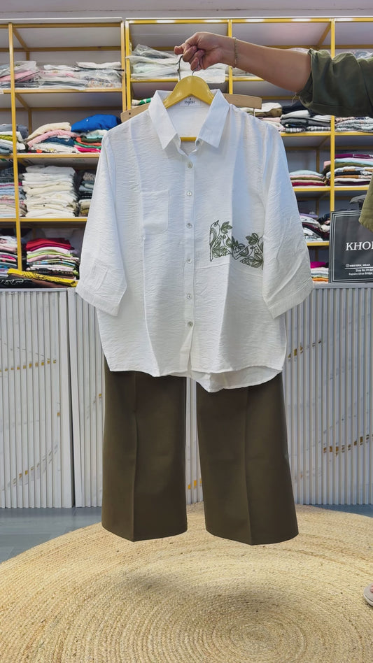 WHITE EMBROIDERY SHIRT  WITH BELL BOTTOM PANT SET